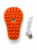 Spray mist grooming brush, silicone pins with center mist nozzle, and USB charging cable