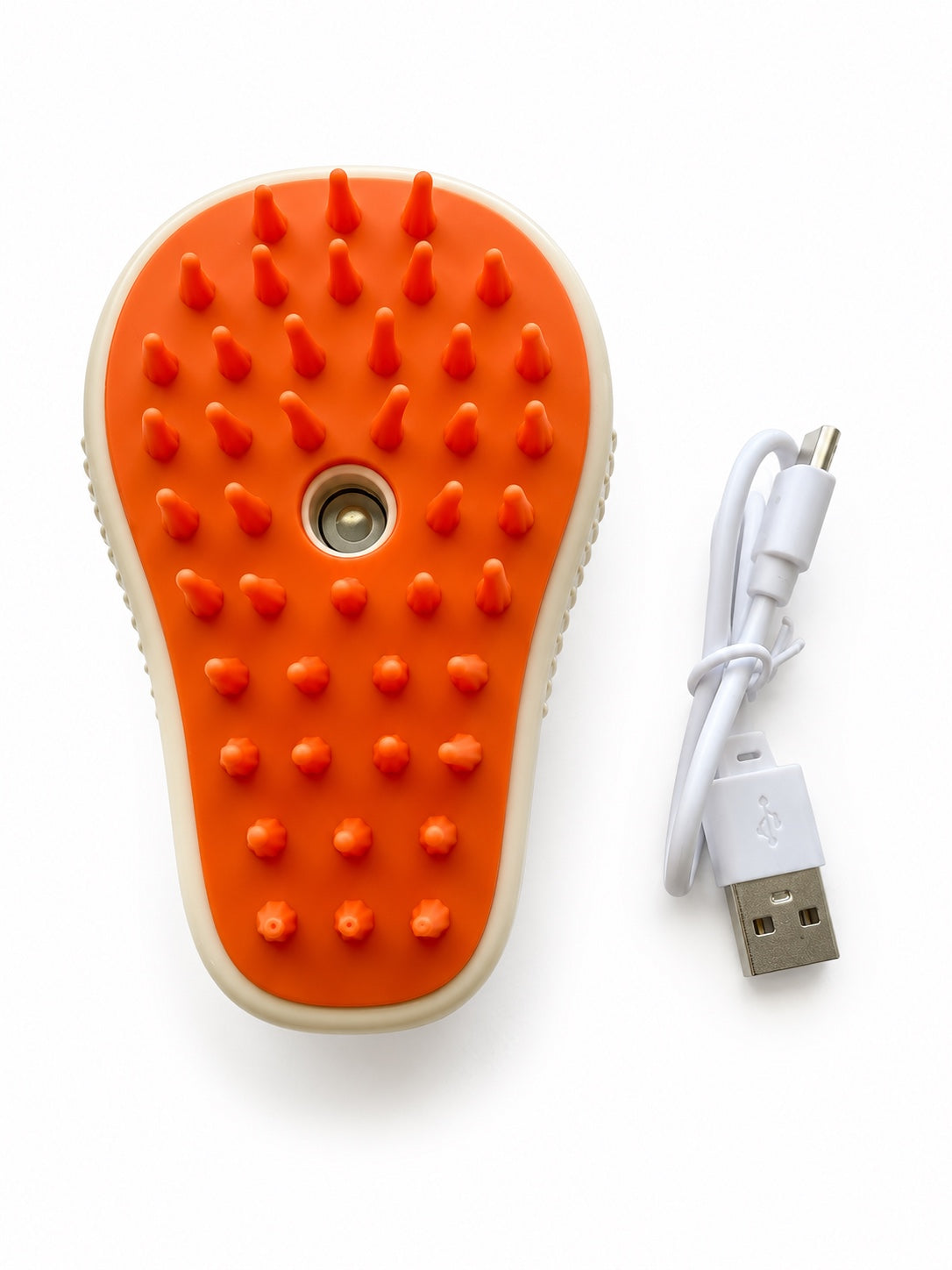 Spray mist grooming brush, silicone pins with center mist nozzle, and USB charging cable
