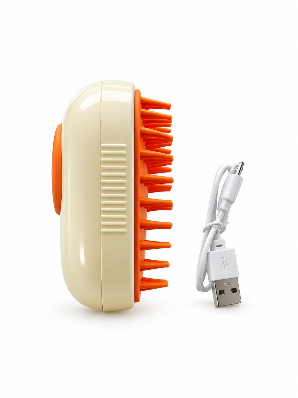 Side view of the pet steam brush with USB cable