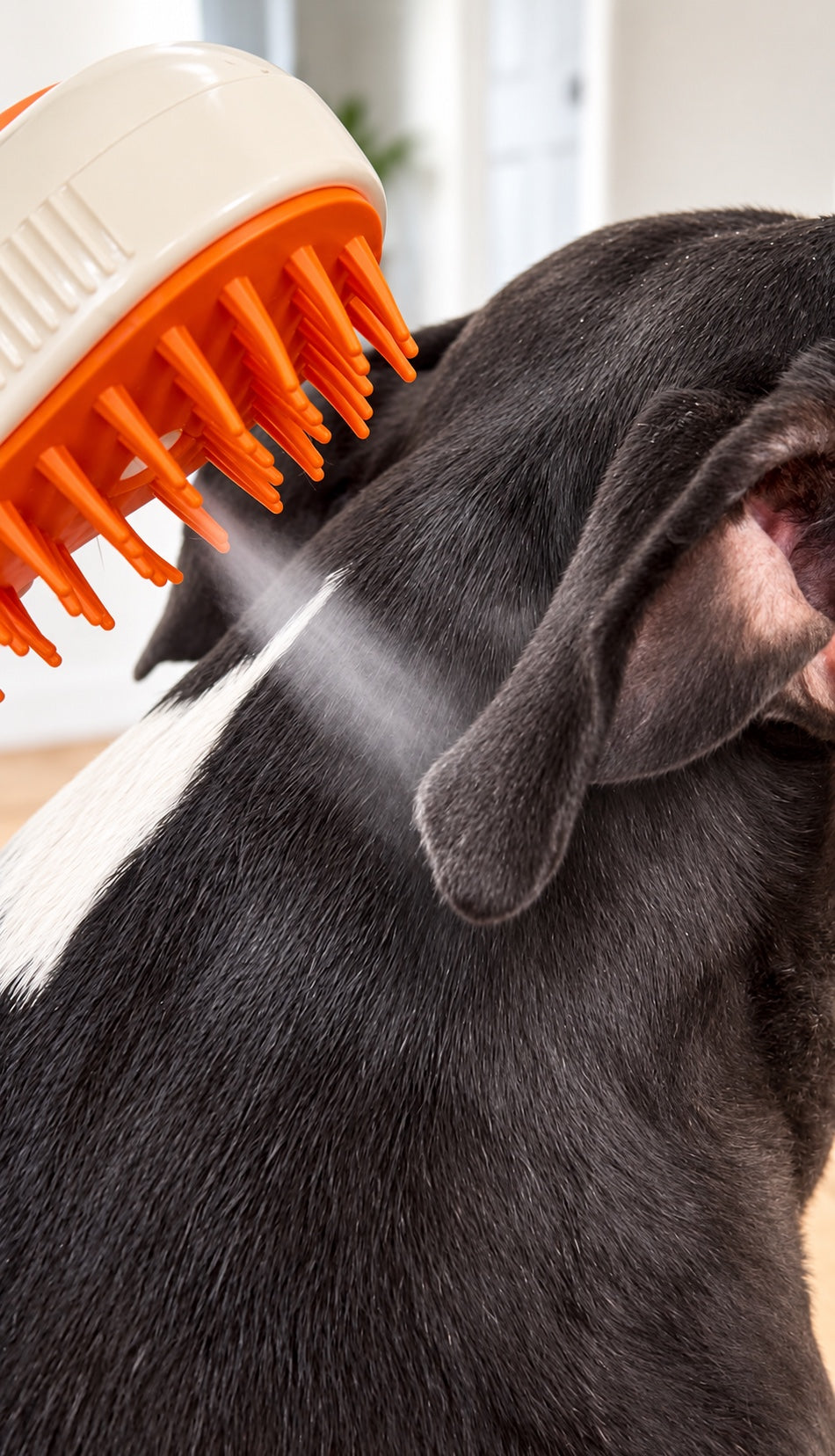 Spray mist grooming brush misting water while brushing a black dog