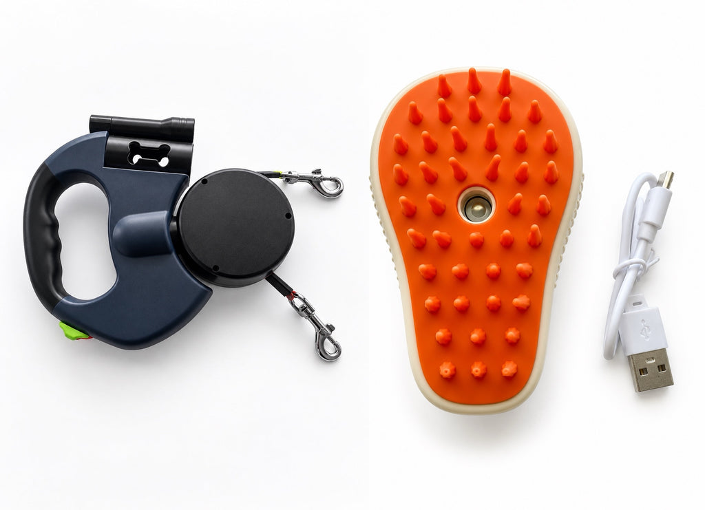 QuietPaw Walk & Groom Bundle: dual retractable dog leash and spray mist grooming brush