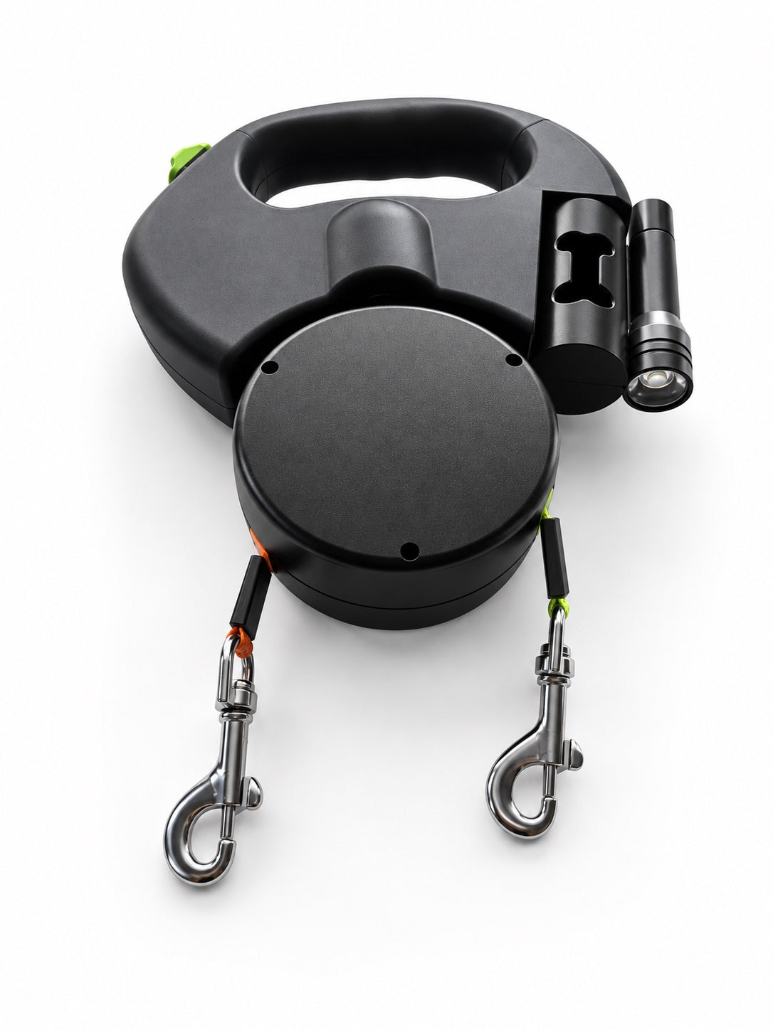 QuietPaw dual retractable dog leash in black with built-in flashlight