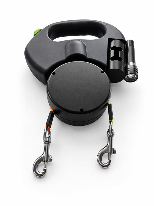 QuietPaw dual retractable dog leash in black with built-in flashlight